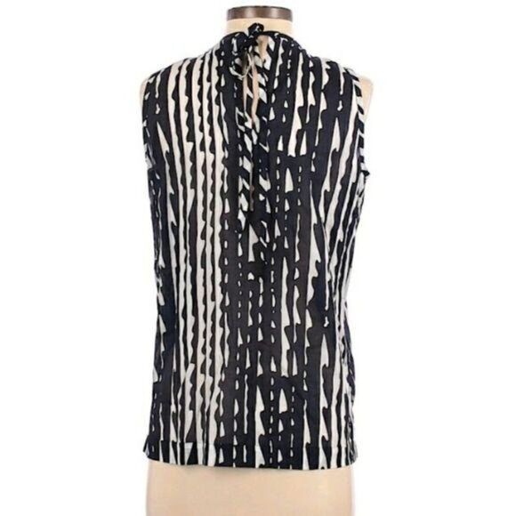 St. John SoCa Cotton Sleeveless Pleated Jewel Neck Tie Back Striped Navy Sz S - Picture 8 of 11